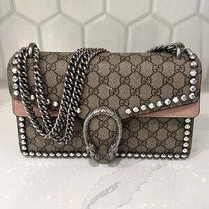 💗 GUCCI STRAUSS DIONYSUS GG SUPREME PINK SUEDE CRYSTAL STUDDED